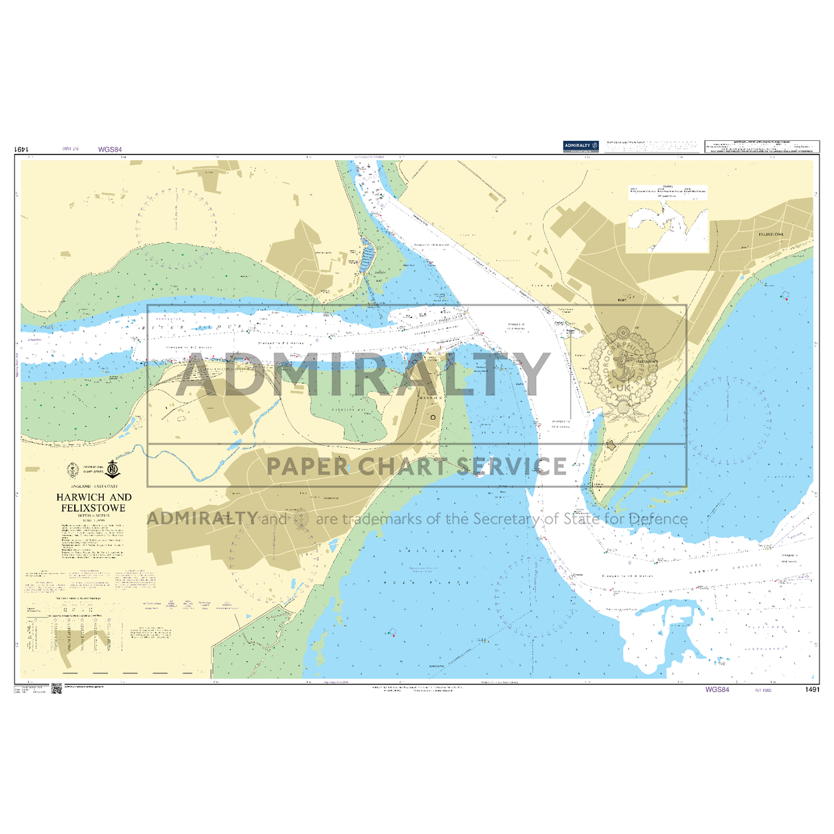 Product image of Admiralty Chart 1491 | Harwich and Felixstowe, featuring navigational markings, depth soundings, and coastal features, essential for safe marine navigation. It could be displayed as an art piece or used for navigation on a boat or ship.