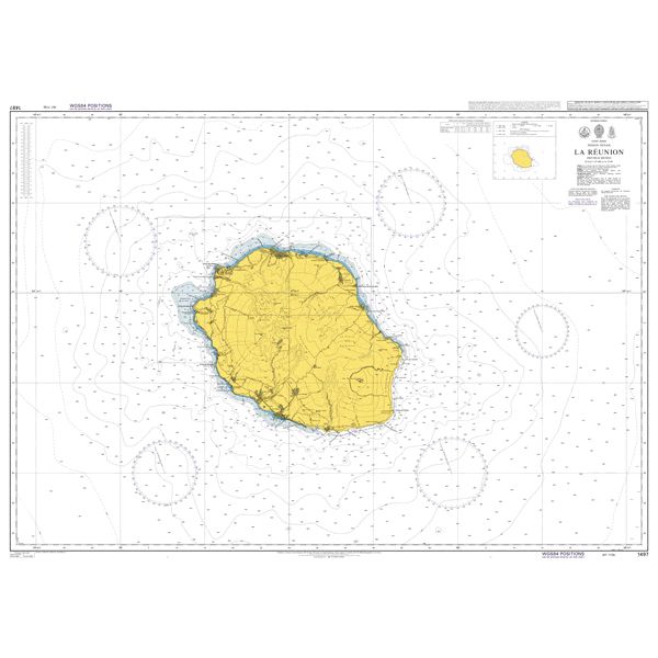 Product image of Admiralty Chart 1497 | La Reunion, featuring navigational markings, depth soundings, and coastal features, essential for safe marine navigation. It could be displayed as an art piece or used for navigation on a boat or ship.