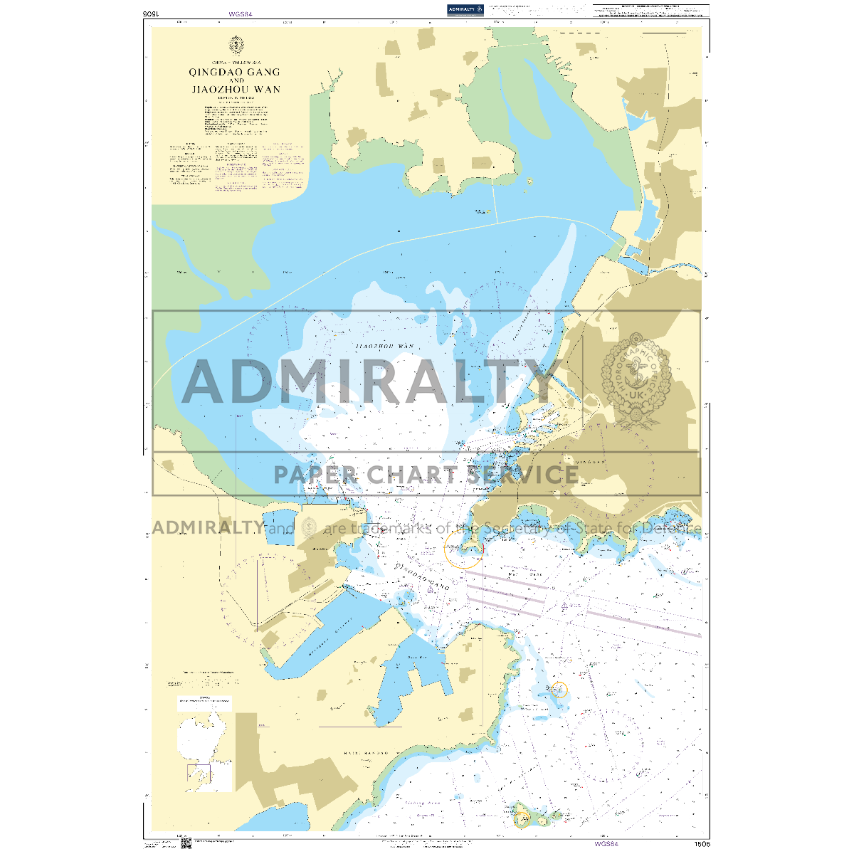 Product image of Admiralty Chart 1505 | Qingdao Gang and Jiaozhou Wan, featuring navigational markings, depth soundings, and coastal features, essential for safe marine navigation. It could be displayed as an art piece or used for navigation on a boat or ship.