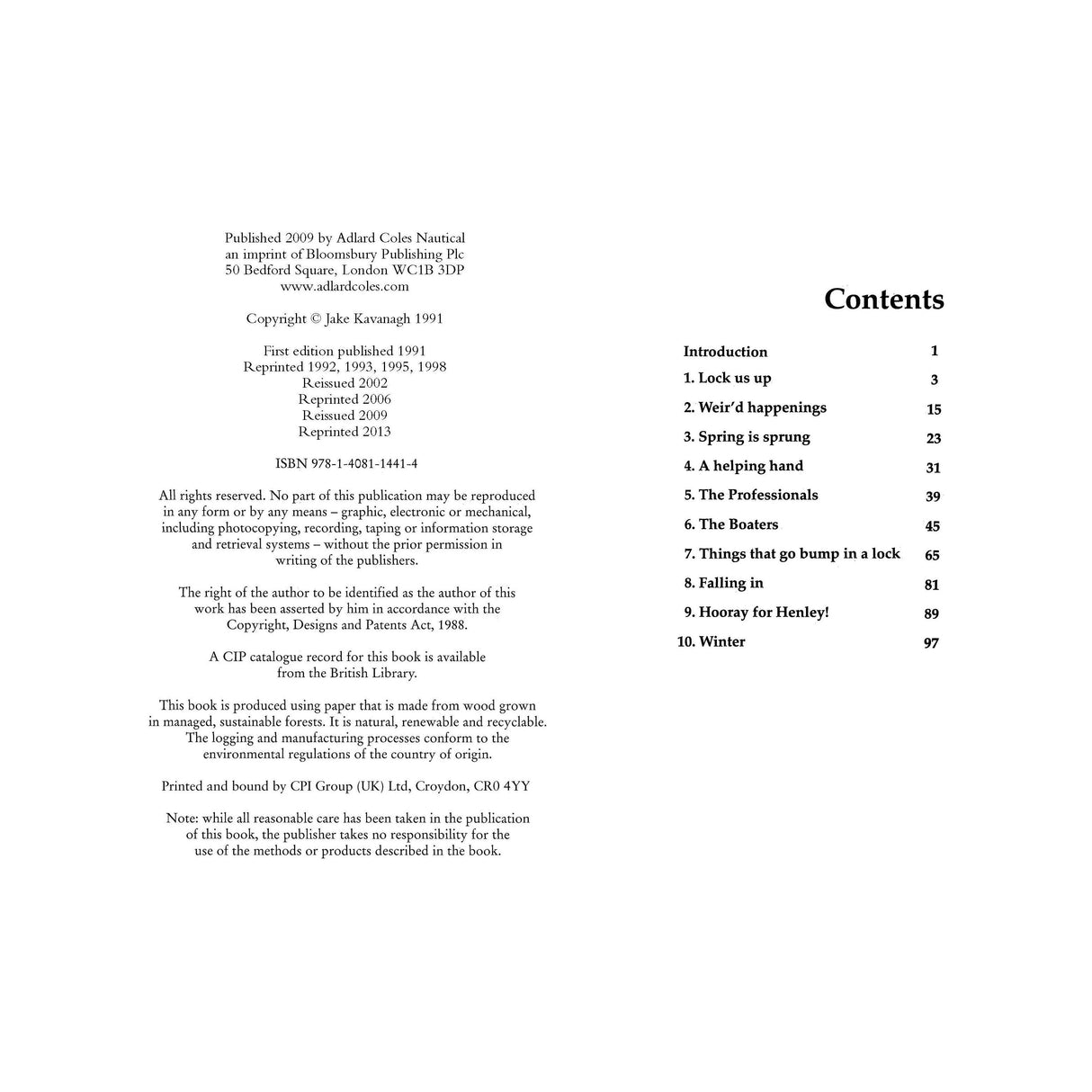 The book "Contents" by Jake Kavanagh, now called "Ups and Downs of a Lockkeeper," opens with a contents page listing sections like "Introduction," "Locking up," and "Weird happenings." Published by Adlard Coles, the publisher's details are in the top left corner.