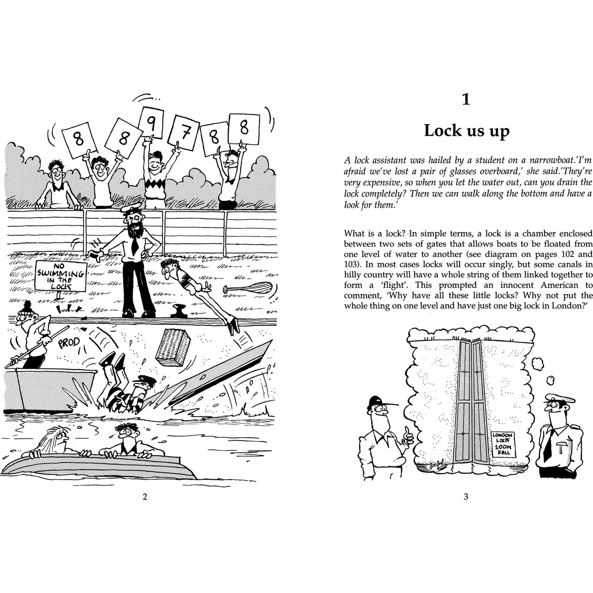 In Adlard Coles' "Ups and Downs of a Lockkeeper," a whimsical cartoon shows a chaotic canal crew reminiscent of Jake Kavanagh's style. Figures wave numbered signs, one falls in the water, near a "No Swimming" sign. On the right, text explains the lock system puzzle "Lock us up.