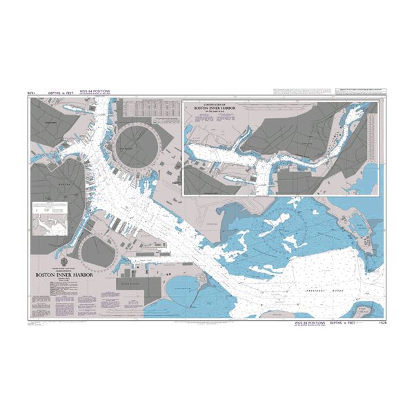 Product image of Admiralty Chart 1528 | Boston Inner Harbor, featuring navigational markings, depth soundings, and coastal features, essential for safe marine navigation. It could be displayed as an art piece or used for navigation on a boat or ship.