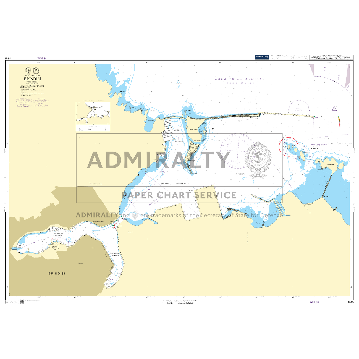 Product image of Admiralty Chart 1545 | Brindisi, featuring navigational markings, depth soundings, and coastal features, essential for safe marine navigation. It could be displayed as an art piece or used for navigation on a boat or ship.