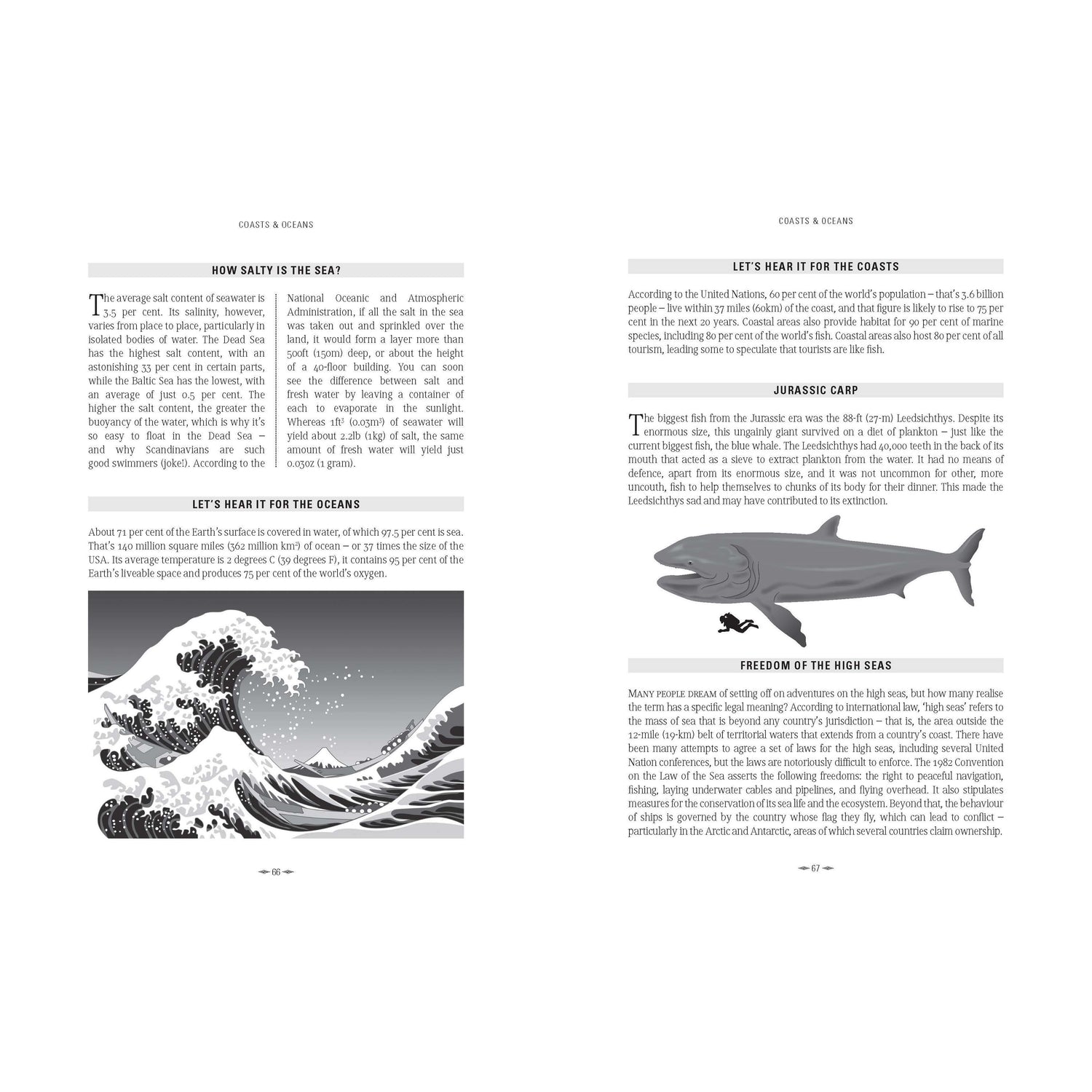 The book "Why Sailors Can't Swim" by Adlard Coles includes two illustrated pages exploring sea mysteries with sections like "How Salty is the Sea?" and "Jurassic Carp," plus images of waves and a prehistoric fish.