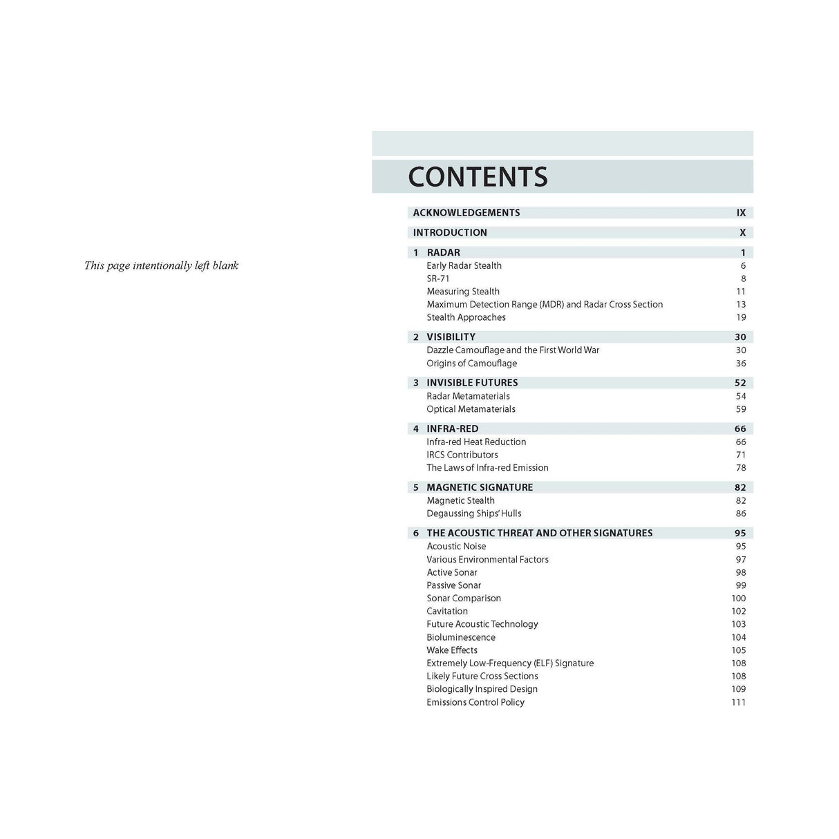 The table of contents for "Reeds Vol 14: Stealth Warship Technology" includes sections on radar, visibility, infrared, magnetic and acoustic signatures. Notable chapters explore radar technologies, cloaking advancements, and future stealth warship countermeasures.