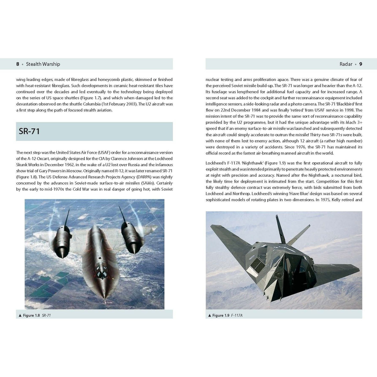 A page from "Reeds Vol 14: Stealth Warship Technology" showcases text on SR-71 and F-117A aircraft. An SR-71 photo is on the left, opposite an F-117A on the right, highlighting their cutting-edge defense technology with columns detailing their history and features.