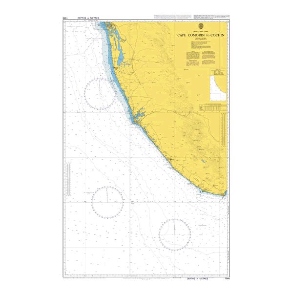 Admiralty Chart IN260: Kochi to Thiruvananthapuram by Admiralty depicts the southwestern coast of India with detailed coastal outlines, depth markings, navigational info, and land shaded in yellow to Admiralty Standard.