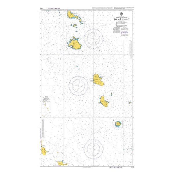 Product image of Admiralty Chart 1576 | Epi to Ile Mare, featuring navigational markings, depth soundings, and coastal features, essential for safe marine navigation. It could be displayed as an art piece or used for navigation on a boat or ship.