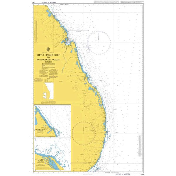 Product image of Admiralty Chart 1583 | Little Basses Reef to Pulmoddai Roads, featuring navigational markings, depth soundings, and coastal features, essential for safe marine navigation. It could be displayed as an art piece or used for navigation on a boat or ship.