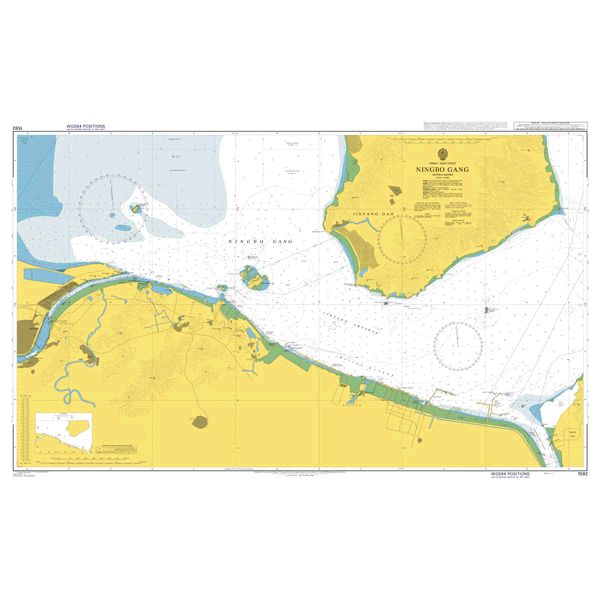 Product image of Admiralty Chart 1592 | Ningbo Gang, featuring navigational markings, depth soundings, and coastal features, essential for safe marine navigation. It could be displayed as an art piece or used for navigation on a boat or ship.
