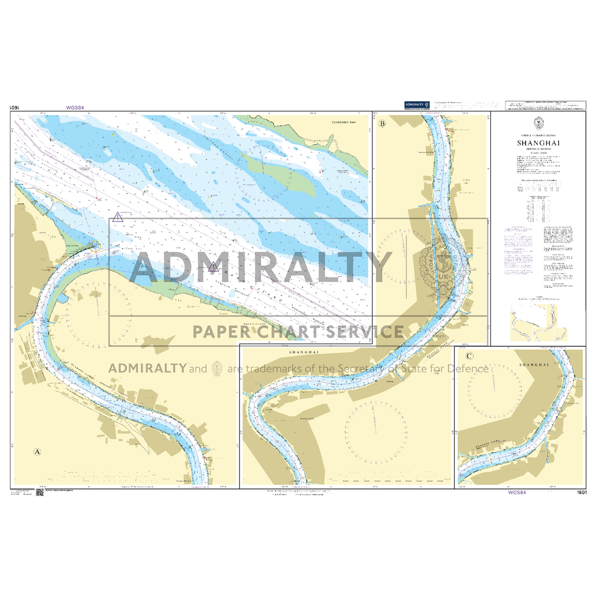 Product image of Admiralty Chart 1601 | Shanghai, featuring navigational markings, depth soundings, and coastal features, essential for safe marine navigation. It could be displayed as an art piece or used for navigation on a boat or ship.