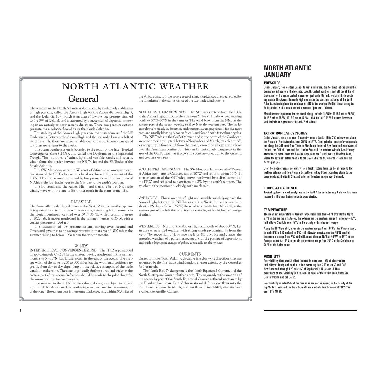 Image of the "Atlantic Pilot Atlas" by Adlard Coles, detailing general weather patterns, pressure, winds, and cyclones for the North Atlantic in January. It is an essential resource for ocean crossing and weather forecasting.