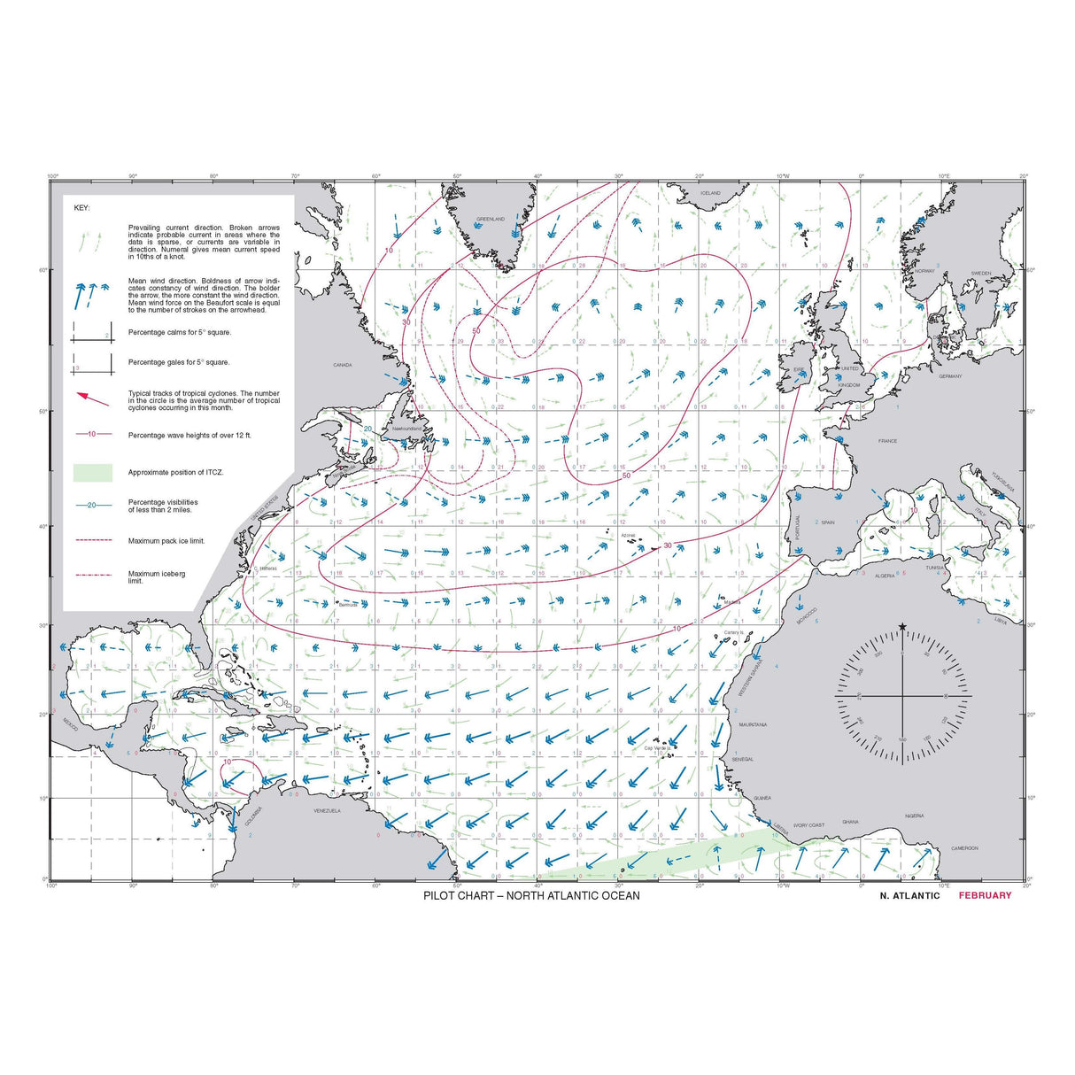 Adlard Coles' Atlantic Pilot Atlas provides crucial details on prevailing wind directions and ocean currents for ocean crossings, utilizing contour and compass rose symbols, similar to the February North Atlantic pilot chart.