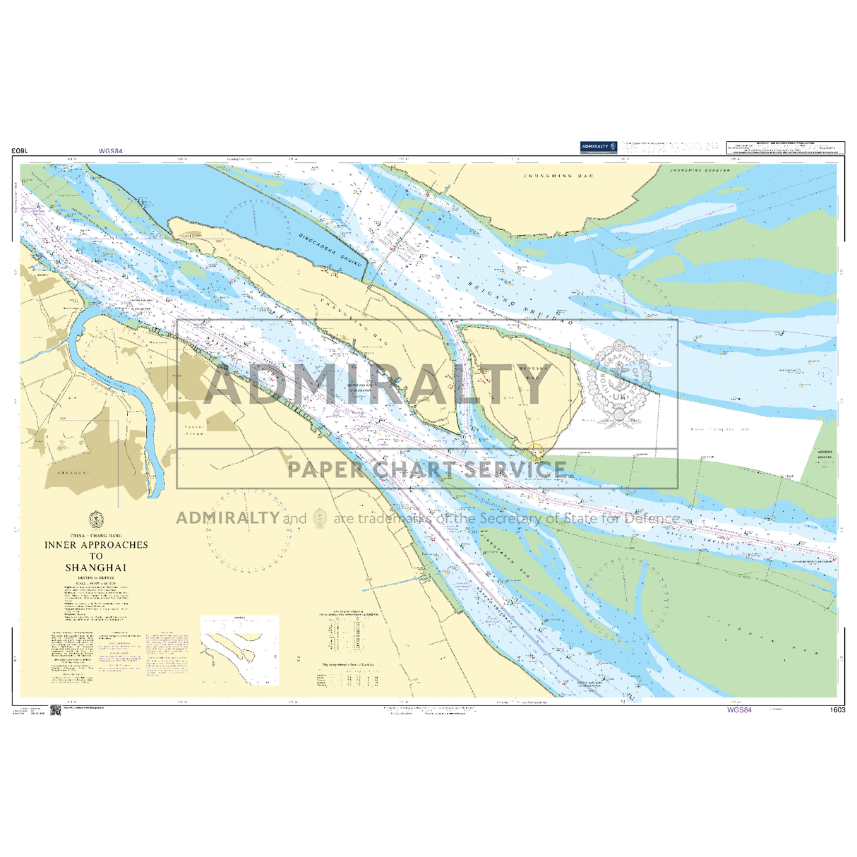 Product image of Admiralty Chart 1603 | Inner Approaches to Shanghai, featuring navigational markings, depth soundings, and coastal features, essential for safe marine navigation. It could be displayed as an art piece or used for navigation on a boat or ship.