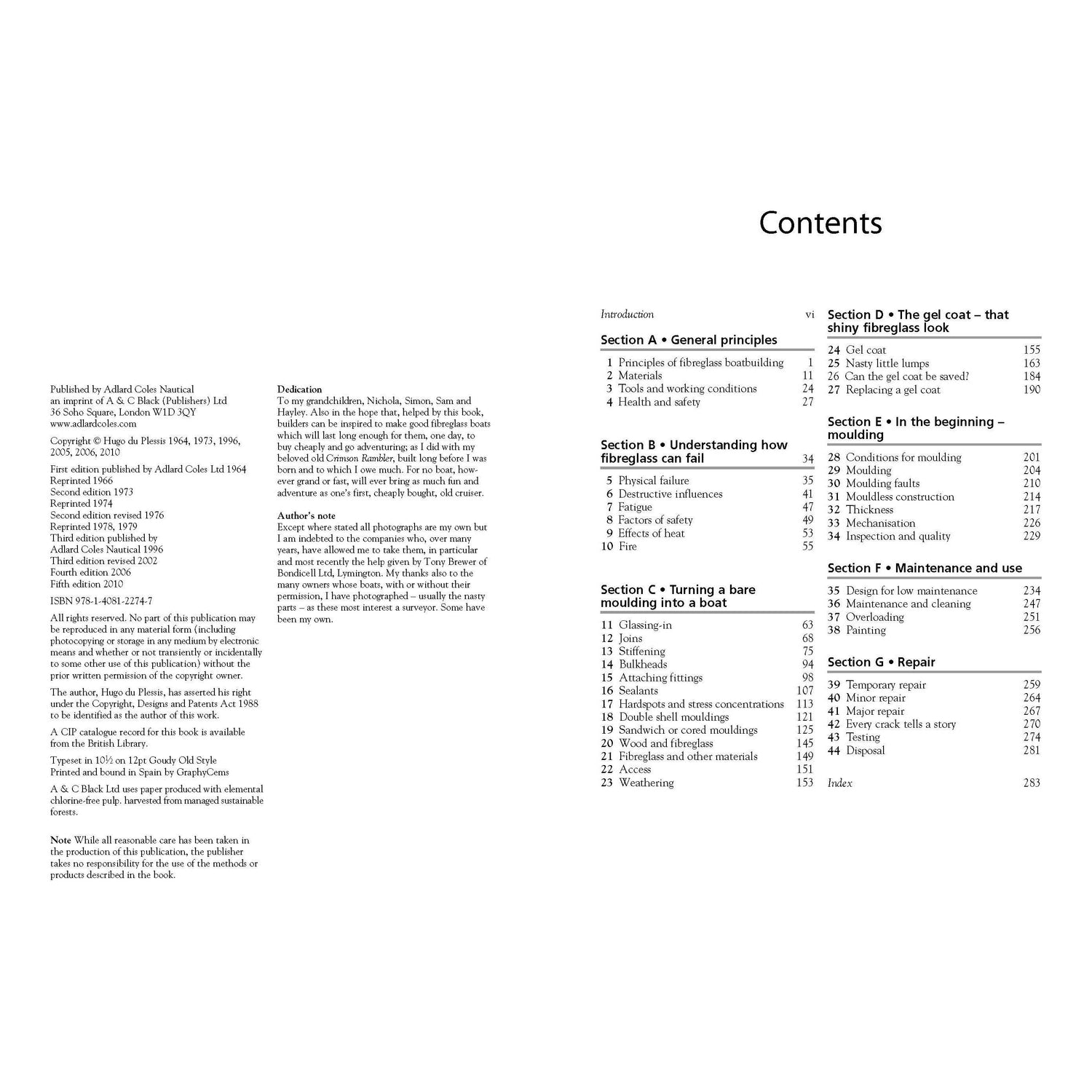The table of contents in "Fibreglass Boats" by Adlard Coles includes sections on principles, materials, moulding, GRP hulls, maintenance, osmosis in fibreglass boats, and repairs. The layout features a two-column format with page numbers next to each section and topic heading.