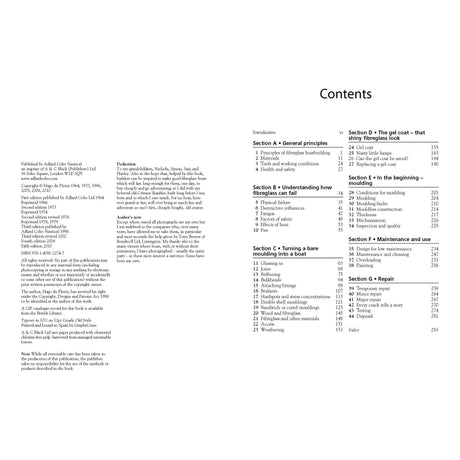 The table of contents in "Fibreglass Boats" by Adlard Coles includes sections on principles, materials, moulding, GRP hulls, maintenance, osmosis in fibreglass boats, and repairs. The layout features a two-column format with page numbers next to each section and topic heading.