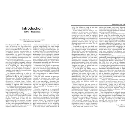 A page from "Fibreglass Boats" by Adlard Coles, titled "Introduction to the Fifth Edition," covers updates on topics like explosion causes, safety procedures, and osmosis issues in fiberglass boats and GRP hulls.