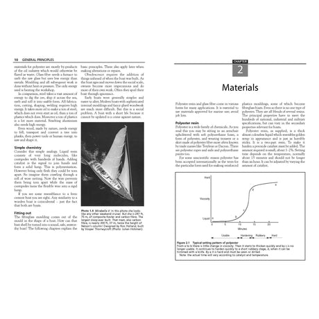 A textbook page on "Materials" features "Photo 14.01," a black-and-white sailboat image, with diagrams on polyester resin properties. The text explores chemical traits and setting reactions vital for GRP hulls and Adlard Coles Fibreglass Boats.