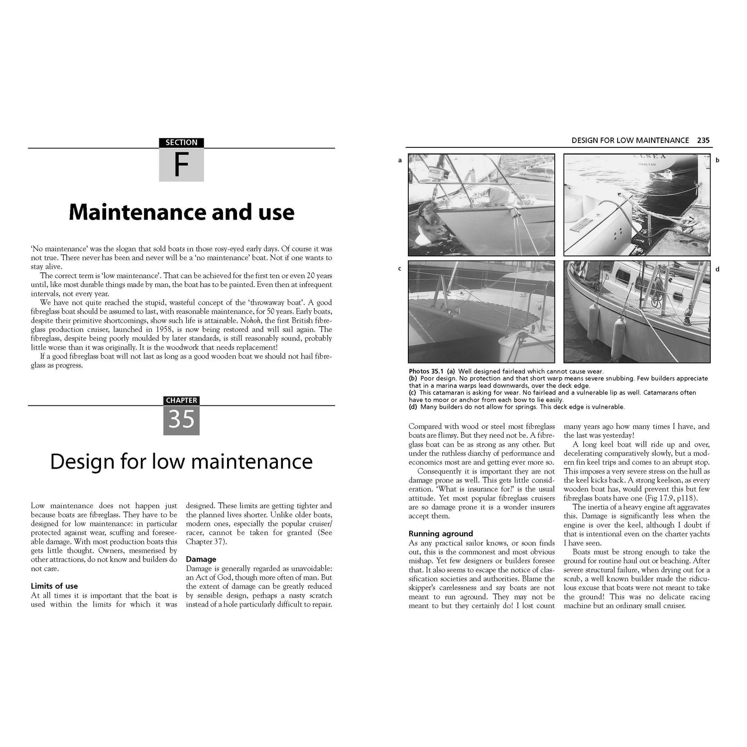 A page titled "Maintenance and Use" in Adlard Coles' "Fibreglass Boats" includes Chapter 35, "Design for Low Maintenance," exploring GRP hulls with text blocks, section headers, and four small sailboat photos highlighting maintenance aspects.