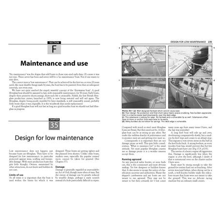 A page titled "Maintenance and Use" in Adlard Coles' "Fibreglass Boats" includes Chapter 35, "Design for Low Maintenance," exploring GRP hulls with text blocks, section headers, and four small sailboat photos highlighting maintenance aspects.