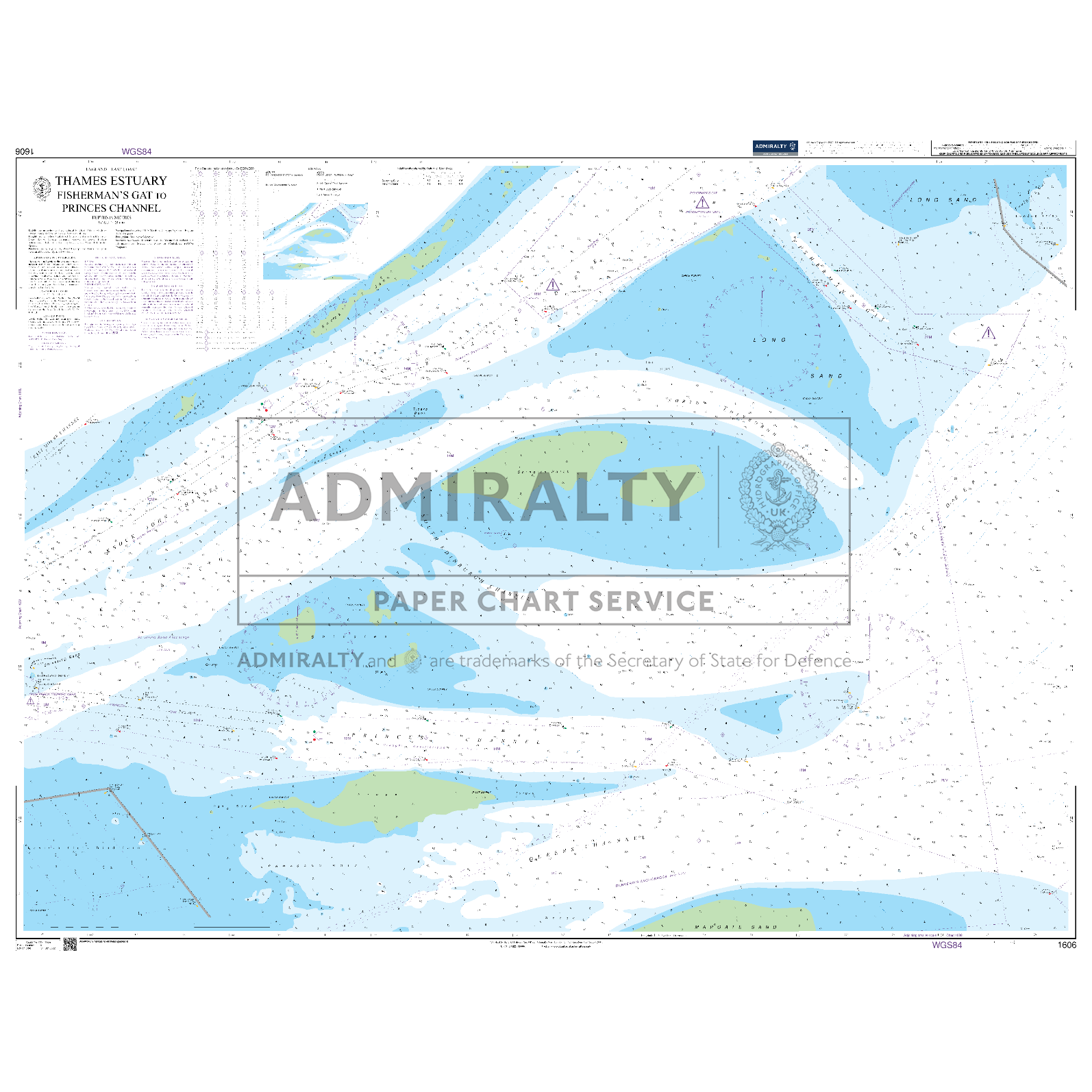 Product image of Admiralty Chart 1606 | Thames Estuary Fisherman's Gat to Princes Channel, featuring navigational markings, depth soundings, and coastal features, essential for safe marine navigation. It could be displayed as an art piece or used for navigation on a boat or ship.