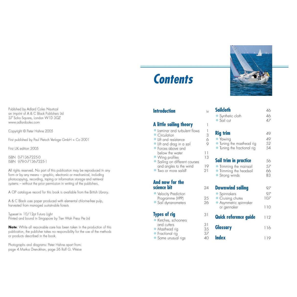 The ultimate guide, "Sail Trim" by Adlard Coles, reveals sections on sailing theory, rig tuning, and sail trim for efficiency. Complete with publication details, it features a yacht header image gliding on blue water with three sailors aboard.