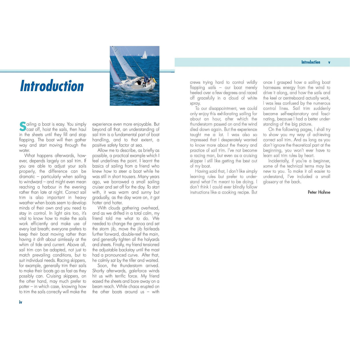 A book page features a boat sailing under "Introduction." The Sail Trim by Adlard Coles offers captivating insights into the sailing experience and sail efficiency, serving as an enlightening guide.