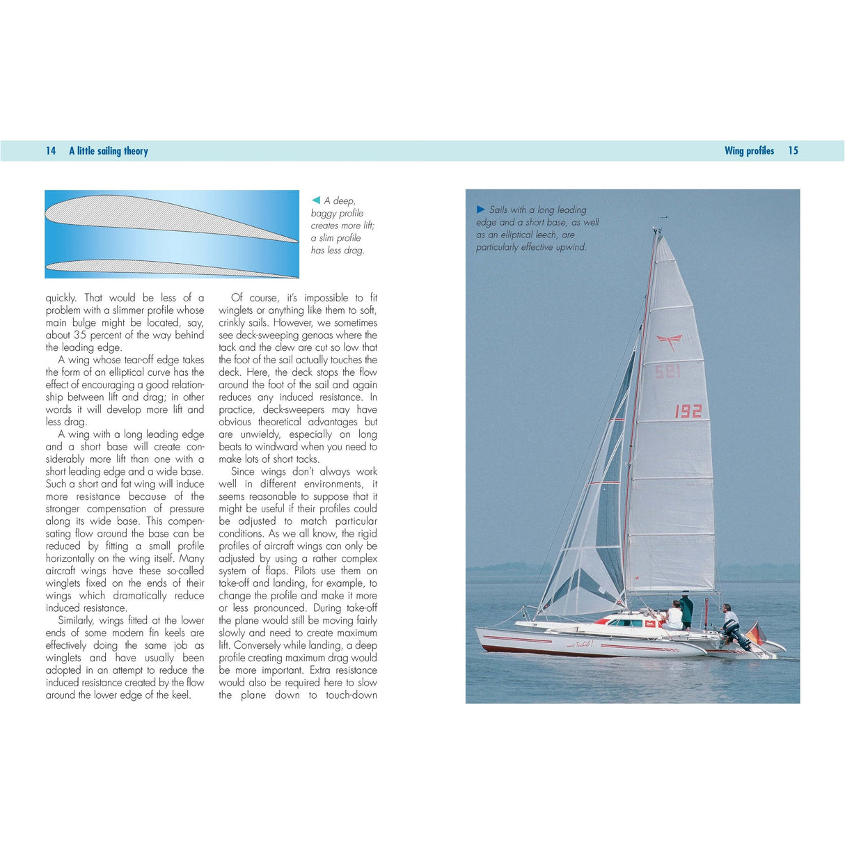 A sailboat with a bright sail cruises on calm water. Two people adjust ropes for ideal trim. Opposite, an Adlard Coles "Sail Trim" guide shows diagrams/text on wing profiles, flow stalling, and optimizing sail efficiency.