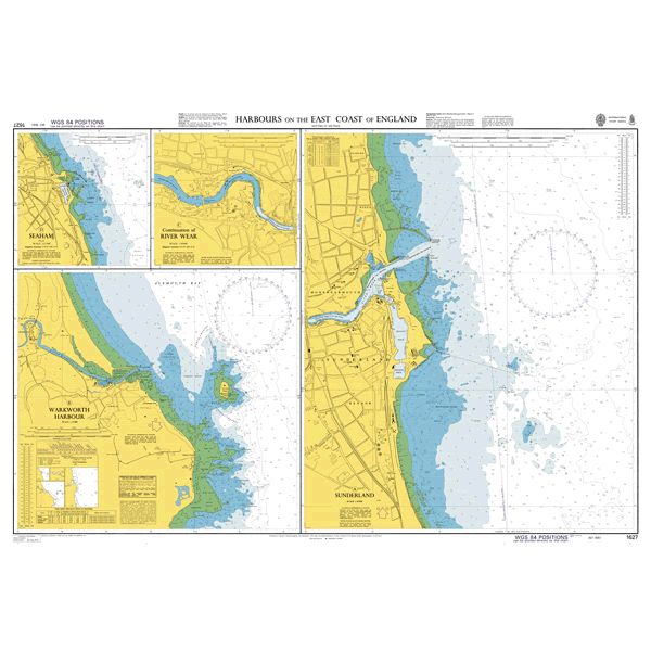 Product image of Admiralty Chart 1627 | Harbours on the East Coast of England, featuring navigational markings, depth soundings, and coastal features, essential for safe marine navigation. It could be displayed as an art piece or used for navigation on a boat or ship.