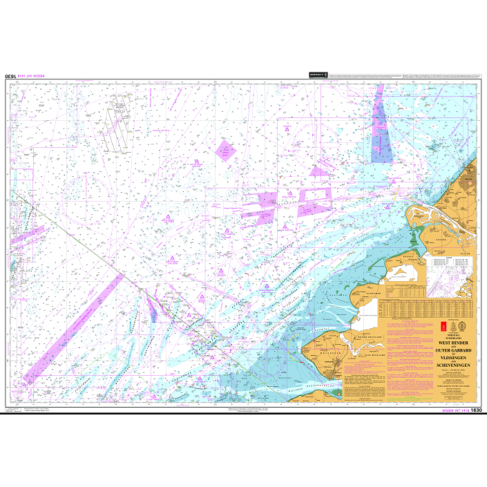 Product image of Admiralty Chart 1630 | West Hinder and Outer Gabbard to Vlissingen and Scheveningen, featuring navigational markings, depth soundings, and coastal features, essential for safe marine navigation. It could be displayed as an art piece or used for navigation on a boat or ship.