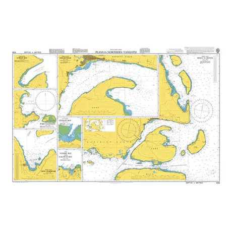 Product image of Admiralty Chart 1638 | Plans in Northern Vanuatu, featuring navigational markings, depth soundings, and coastal features, essential for safe marine navigation. It could be displayed as an art piece or used for navigation on a boat or ship.