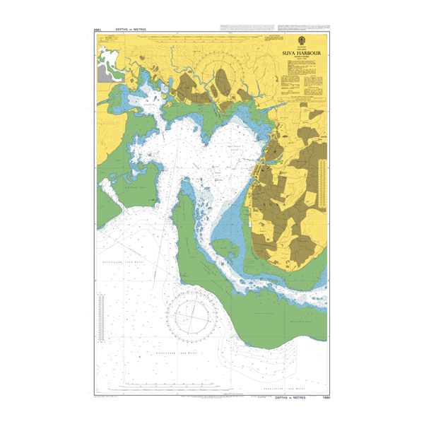 Product image of Admiralty Chart 1660 | Suva Harbour, featuring navigational markings, depth soundings, and coastal features, essential for safe marine navigation. It could be displayed as an art piece or used for navigation on a boat or ship.