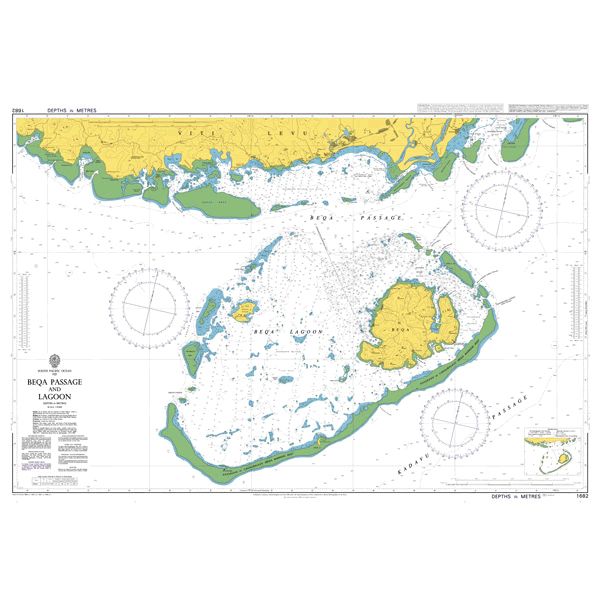 Product image of Admiralty Chart 1682 | Beqa Passage and Lagoon, featuring navigational markings, depth soundings, and coastal features, essential for safe marine navigation. It could be displayed as an art piece or used for navigation on a boat or ship.