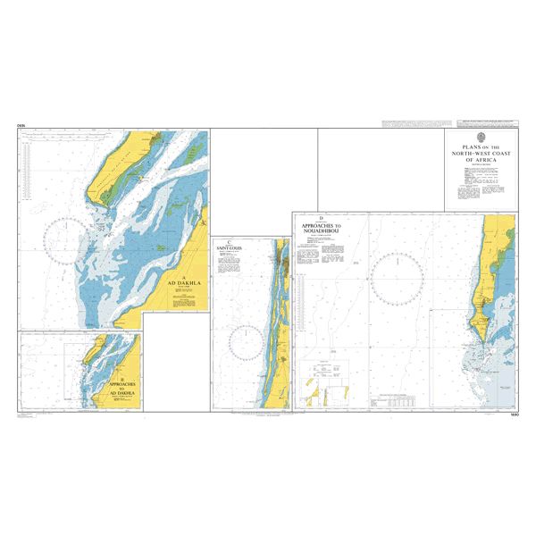 Product image of Admiralty Chart 1690 | Plans on the North-West Coast of Africa, featuring navigational markings, depth soundings, and coastal features, essential for safe marine navigation. It could be displayed as an art piece or used for navigation on a boat or ship.