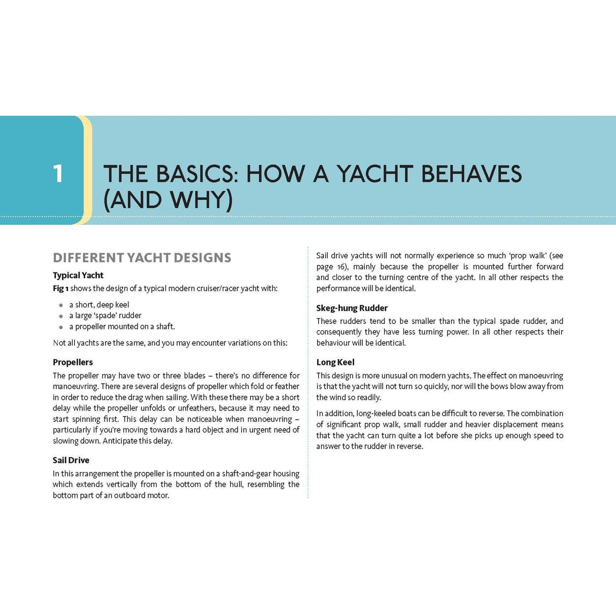 The page titled "The Basics: How a Yacht Propelled (and Why)" features sections on "Different Yacht Designs" covering sizes and propulsion, along with yacht under power dynamics for efficient maneuvering, all with a decorative blue header. Skipper guide from Adlard Coles titled "Manoeuvring.