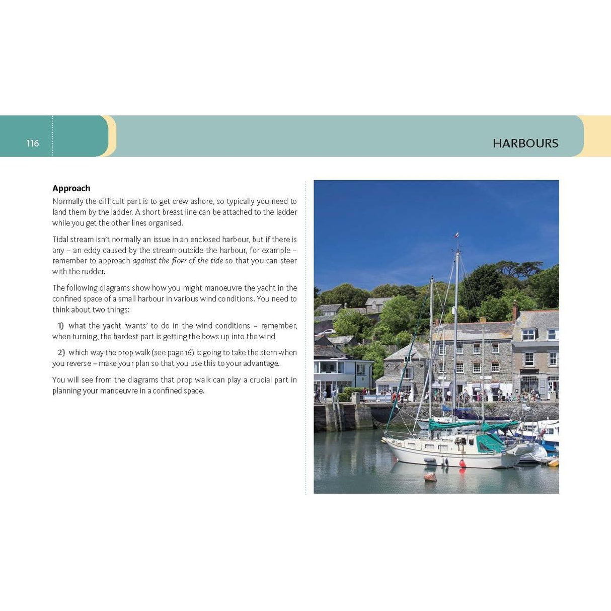 Sailboats and yachts dock near a stone wall in a harbor scene. Buildings and lush greenery are in the background under a clear sky. A page titled "Manoeuvring" by Adlard Coles discusses mooring and steering techniques in confined spaces.