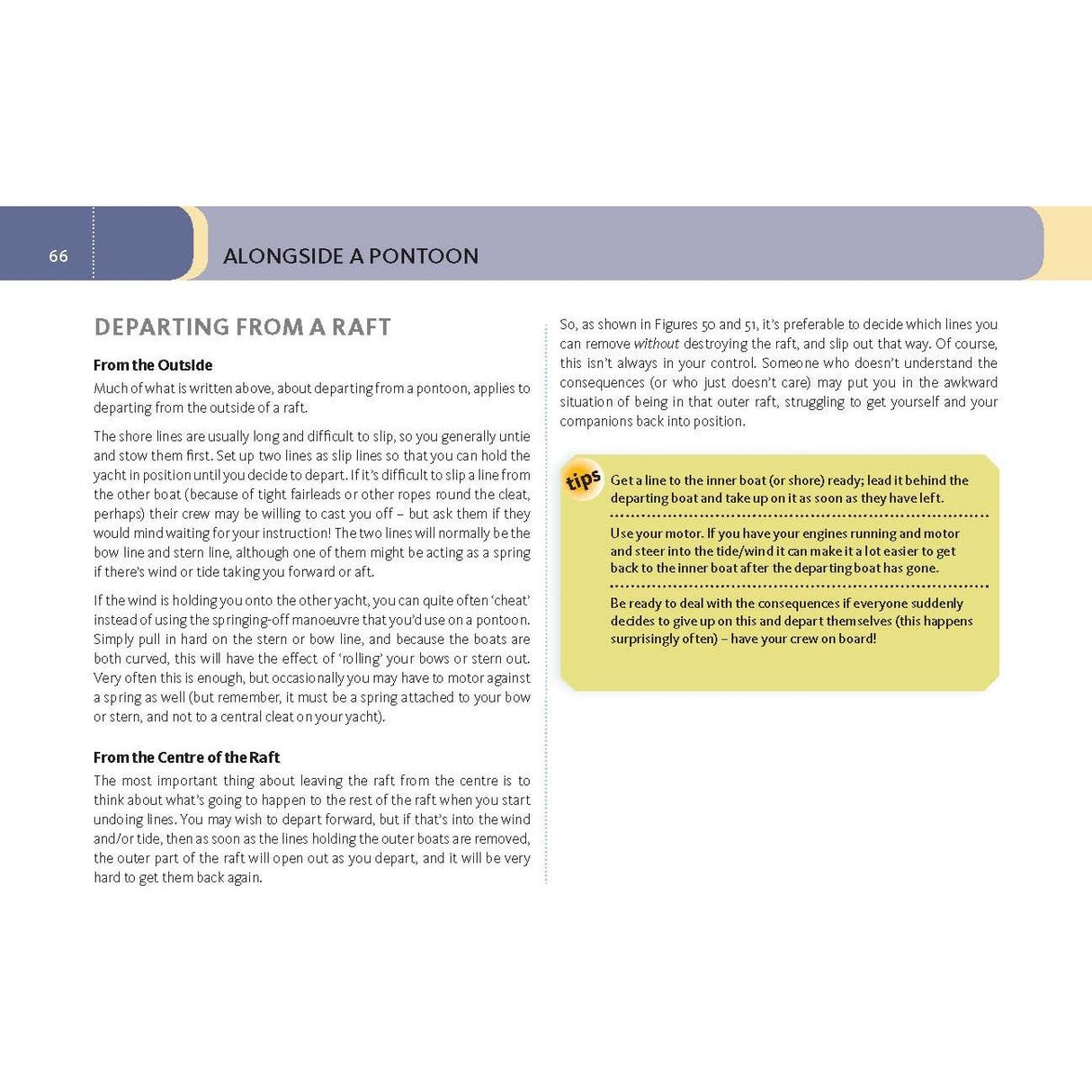The Adlard Coles "Manoeuvring" guide offers tips on departing from a pontoon with a raft, featuring safety and positioning advice inside and outside the raft, diagrams, a boat manoeuvring skipper guide, and a highlighted section for extra guidance.