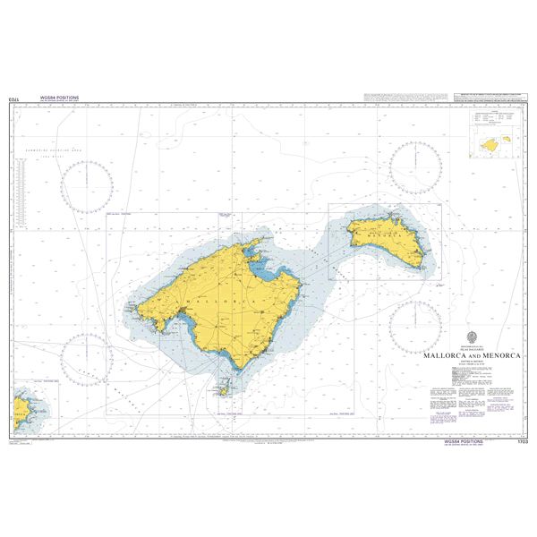 Product image of Admiralty Chart 1703 | Mallorca and Menorca, featuring navigational markings, depth soundings, and coastal features, essential for safe marine navigation. It could be displayed as an art piece or used for navigation on a boat or ship.