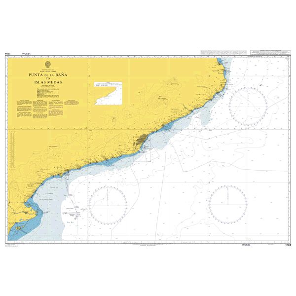 Product image of Admiralty Chart 1704 | Punta de la Bana to Islas Medas, featuring navigational markings, depth soundings, and coastal features, essential for safe marine navigation. It could be displayed as an art piece or used for navigation on a boat or ship.