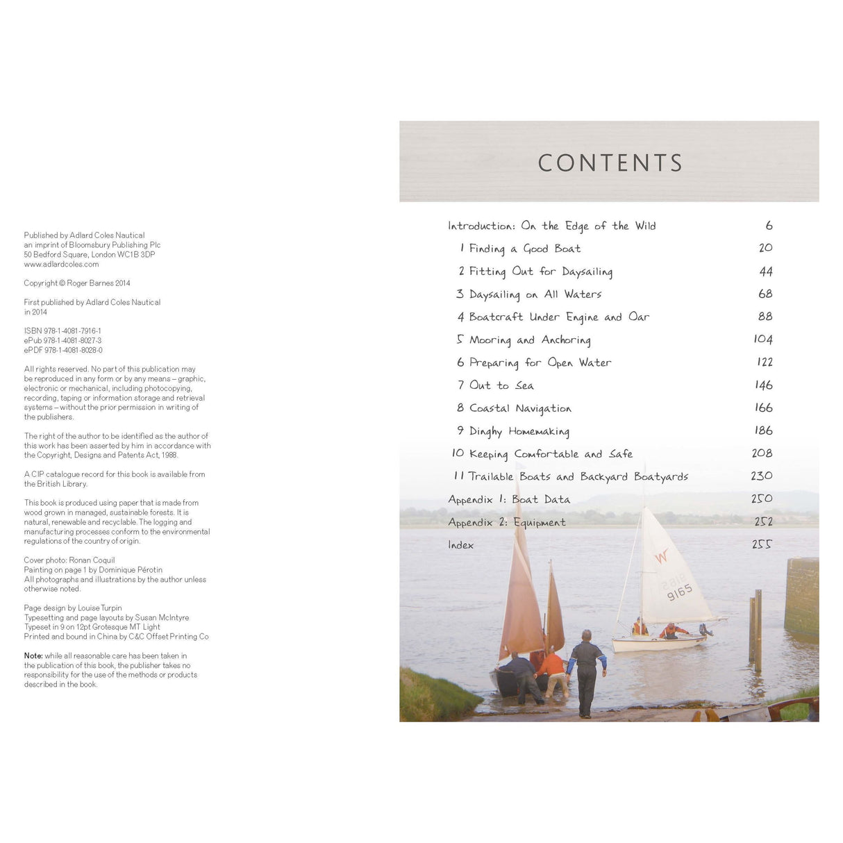 The table of contents for "Dinghy Cruising" by Adlard Coles is displayed on the right, listing sections with page numbers. A background image features two sailboats on water, conveying a sailing adventure's excitement, with people on a dock in the foreground.