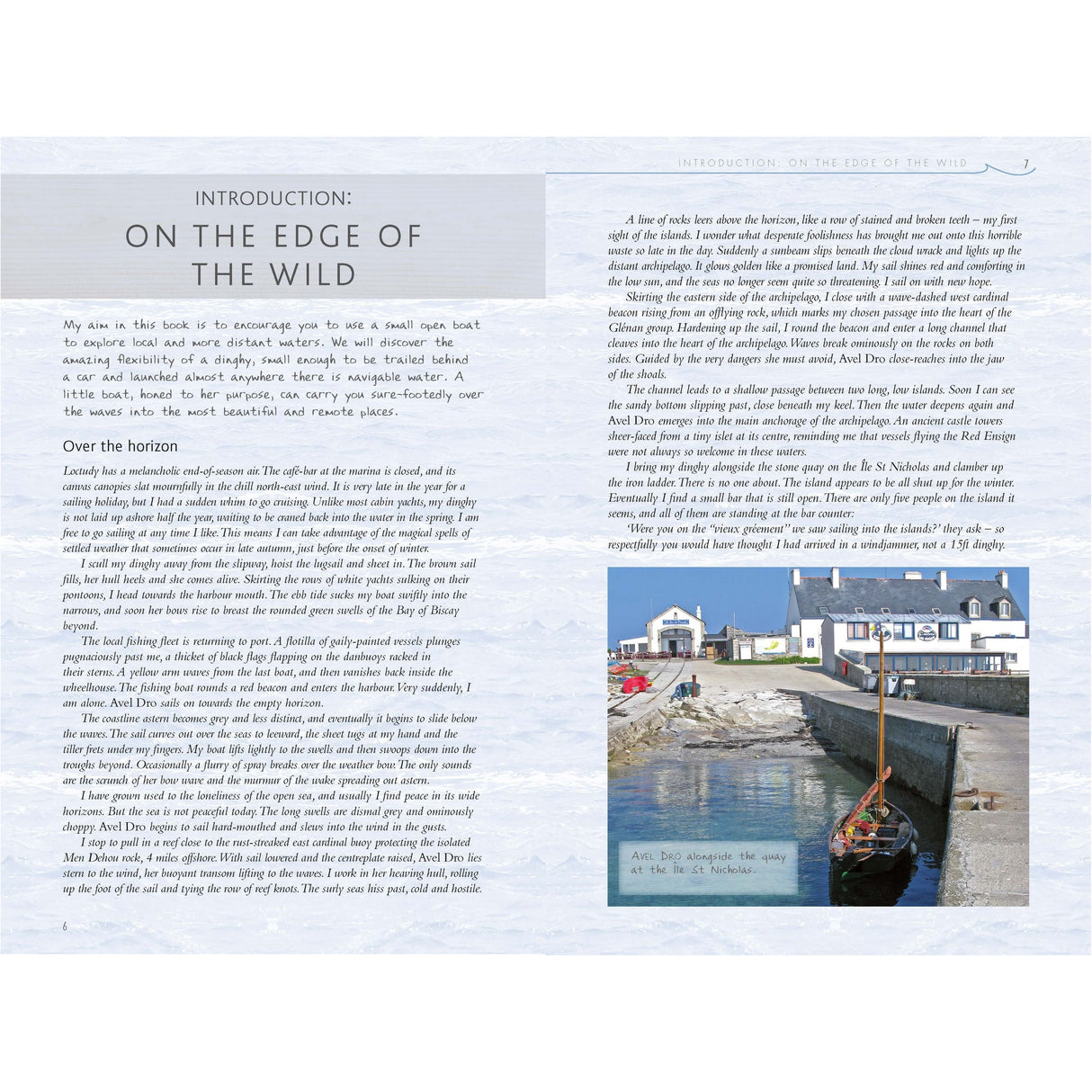 A two-page spread from "Dinghy Cruising" by Adlard Coles shows text titled "Introduction: On the Edge of the Wild." The right page displays a photo of a dock with a small boat ready for adventure, set against a white building and overcast skies.