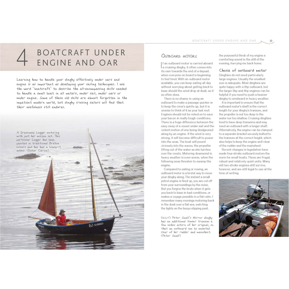 A person in a small sailboat, wearing a red jacket, sails calmly on their adventure in the "Dinghy Cruising" book by Adlard Coles. The boat has a brown sail and the text includes sections about handling boats with engines and oars, including "Outboard Motors.