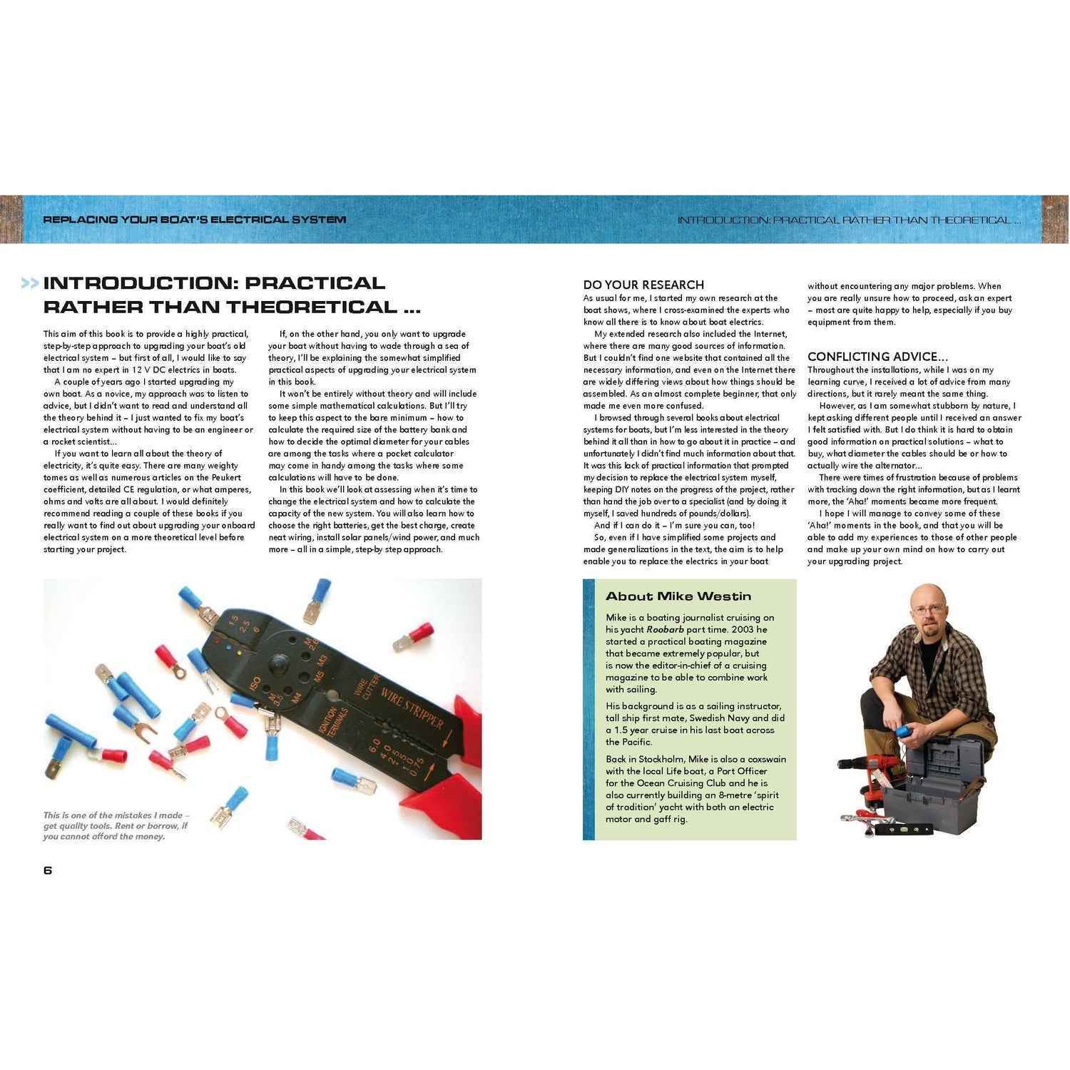 A magazine page reviews Adlard Coles' "Replacing Your Boat's Electrical System," offering step-by-step guidance. It features research, advice, and images of electrical tools and components, with a DIY boat builder expertly handling the equipment.