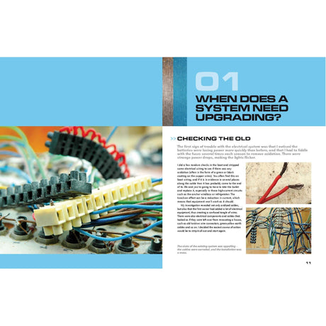 Page 11 of "Replacing Your Boat's Electrical System" by Adlard Coles details system upgrades. The left side displays images of essential electrical wires and connectors, while the right side features a numbered header and images of red-handled wire strippers.