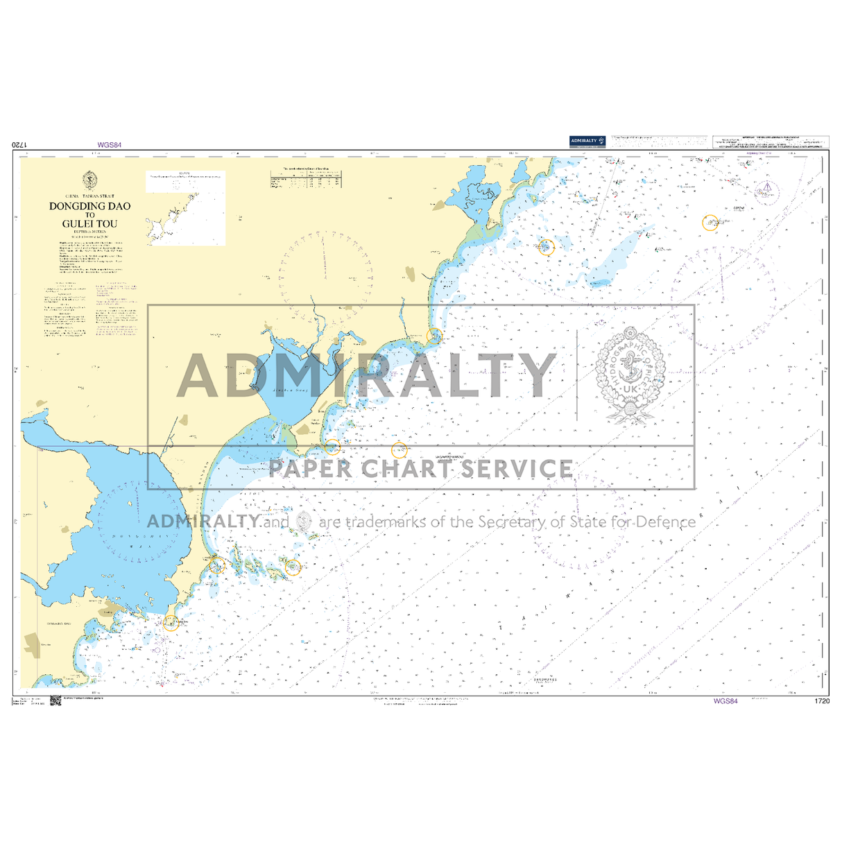 Product image of Admiralty Chart 1720 | Dongding Dao to Gulei Tou, featuring navigational markings, depth soundings, and coastal features, essential for safe marine navigation. It could be displayed as an art piece or used for navigation on a boat or ship.