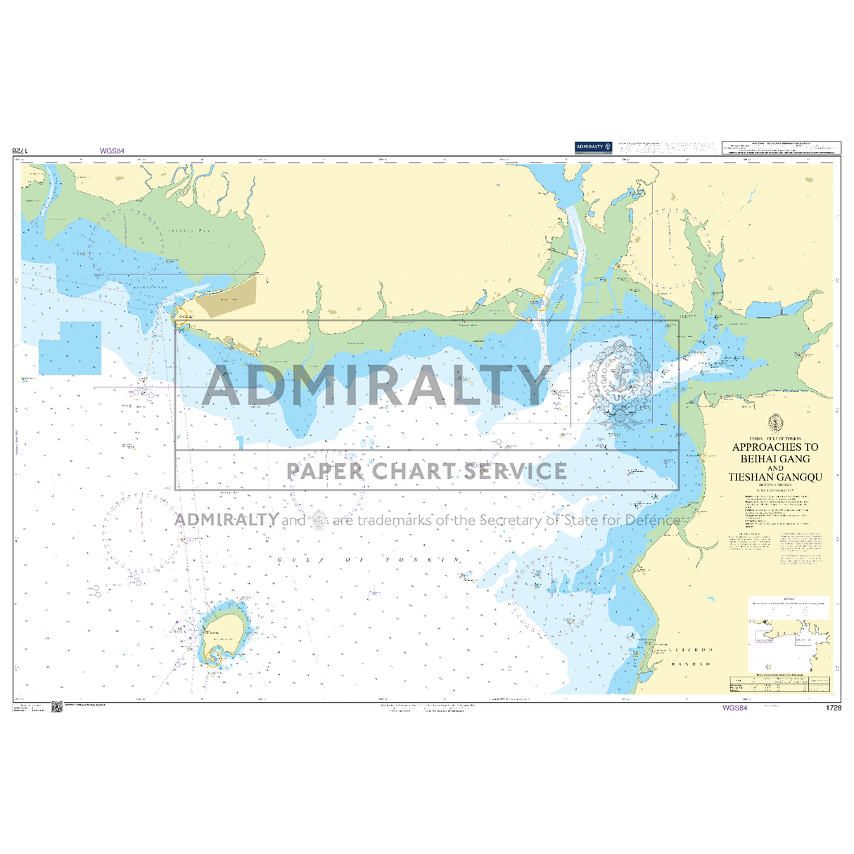 Product image of Admiralty Chart 1728 | Approaches to Beihai Gang and Tieshan Gangqu, featuring navigational markings, depth soundings, and coastal features, essential for safe marine navigation. It could be displayed as an art piece or used for navigation on a boat or ship.