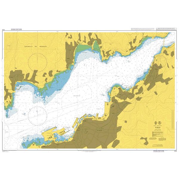 Product image of Admiralty Chart 1731 | Vigo, featuring navigational markings, depth soundings, and coastal features, essential for safe marine navigation. It could be displayed as an art piece or used for navigation on a boat or ship.