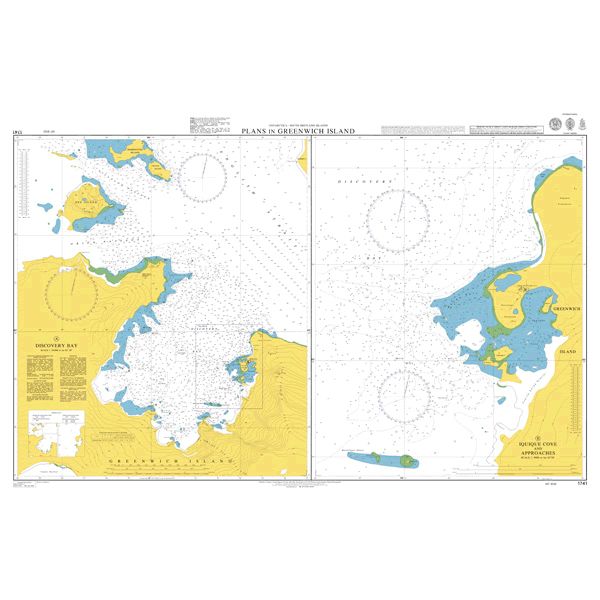 Product image of Admiralty Chart 1741 | Plans in Greenwich Island. A Discovery Bay, featuring navigational markings, depth soundings, and coastal features, essential for safe marine navigation. It could be displayed as an art piece or used for navigation on a boat or ship.