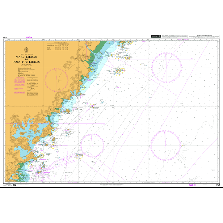 Product image of Admiralty Chart 1754 | Mazu Liedao to Dongtou Liedao, featuring navigational markings, depth soundings, and coastal features, essential for safe marine navigation. It could be displayed as an art piece or used for navigation on a boat or ship.
