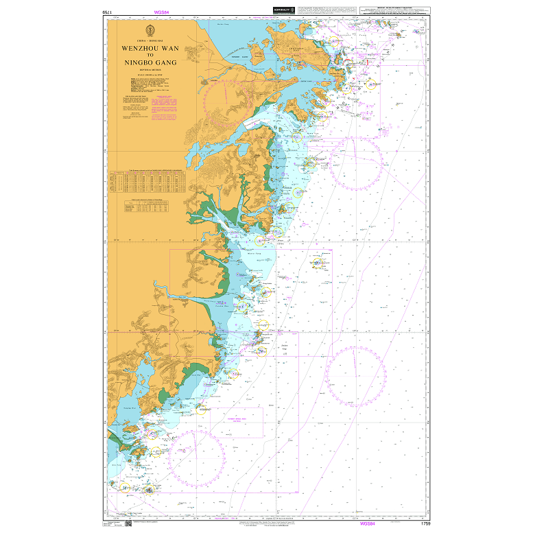 Product image of Admiralty Chart 1759 | Wenzhou Wan to Ningbo Gang, featuring navigational markings, depth soundings, and coastal features, essential for safe marine navigation. It could be displayed as an art piece or used for navigation on a boat or ship.